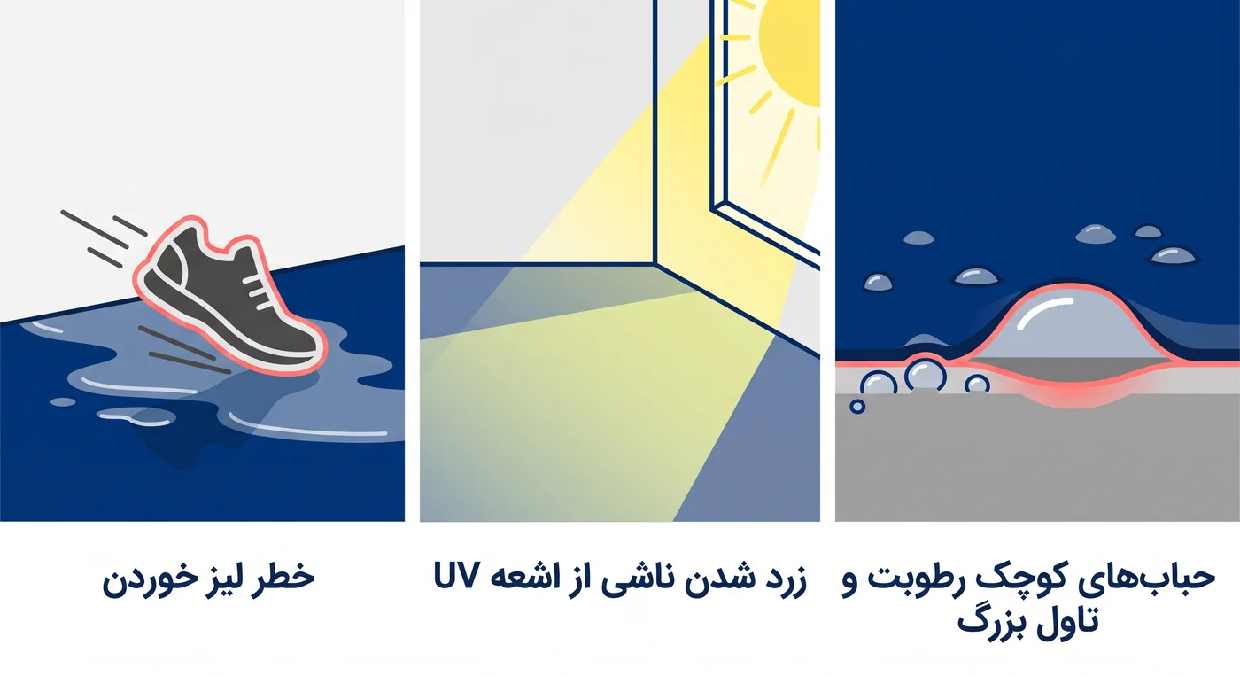 معایب کفپوش اپوکسی: خطر لیز خوردن، زرد شدن زیر اشعهٔ UV و تاول ناشی از رطوبت بتن